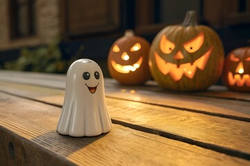Photo-Realistic Happy Ghost Figure with Pumpkins and Jack-O’-Lanterns on Wooden Surface