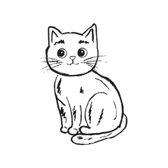 Obraz premium Cat sitting drawing in black brush stroke texture isolated on white. Hand drawn vector sketch illustration in vintage charcoal ink. Halloween symbol, trick or treat, pet friendly, shelter logo