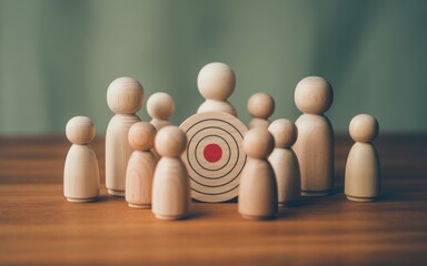 Wooden figures surrounding a target, symbolizing focus and achievement in business or personal goals