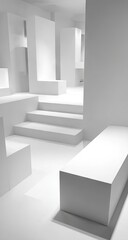 A minimalist white interior design showcases geometric forms and simple lines.