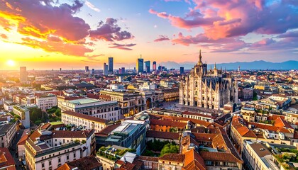 Fototapeta premium A stunning aerial view of Milan's cityscape at sunrise, showcasing the Duomo and modern skyscrapers.