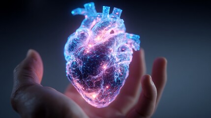 Illuminated anatomical heart held in human hand representing medical innovation
