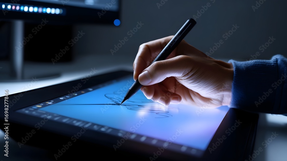 Poster close-up view of a person's hand using a stylus or digital pen to write or draw on a touchscreen dev