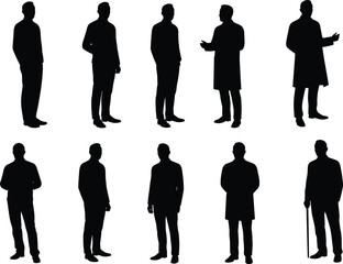 Silhouette of men standing in various poses, business people shadows, isolated male figures, black outline, vector illustration set