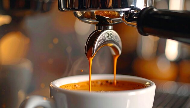 Aromatic dark roast espresso pouring from a chrome portafilter, capturing the essence of a perfect morning coffee