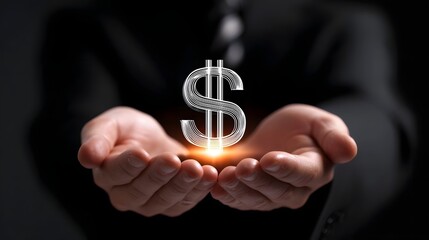 Hands cupped together, holding a glowing dollar sign icon, representing the concept of financial wealth, investment, and economic success.