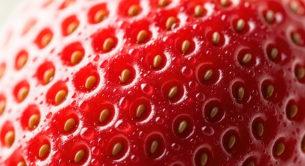 Close-up view of a strawberry's textured surface, showcasing its vibrant red hue and tiny seeds.