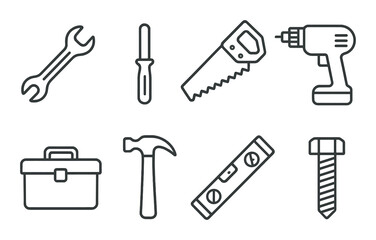 Fototapeta premium Silhouette icon set of tools: wrench, screwdriver, saw, drill, toolbox, hammer, level, bolt