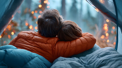 Father and son preparing sleeping pads inside a cozy tent in evening forest