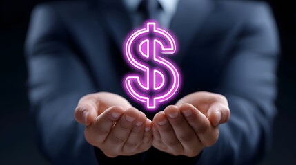 A person in a business suit holds their hands cupped around a glowing neon dollar sign symbol, representing the concept of financial prosperity, profit, and business growth.