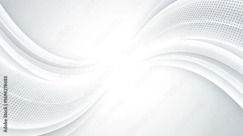 Poster abstract white and grey background with smooth dynamic waves, soft shadows, and subtle halftone dot 