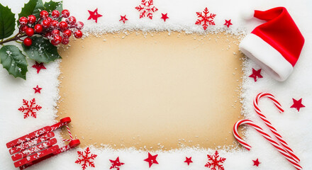Festive christmas flat lay with blank parchment paper surrounded by santa hat candy canes and holly berries