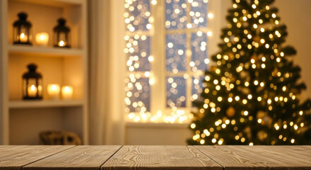 Cozy christmas scene with glowing tree and lanterns on shelves next to a window