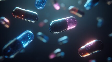 Abstract depiction of colorful capsule pills suggesting pharmaceutical research and development
