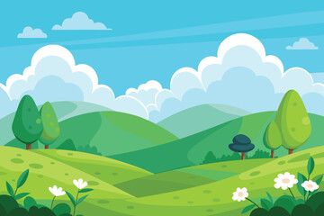 Naklejka premium Cartoon Landscape Rolling Green Hills, Trees, White Flowers, and Blue Sky with Clouds