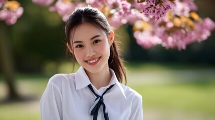 A smiling, casually dressed woman stands among blooming flowers and trees in a peaceful, lush spring garden