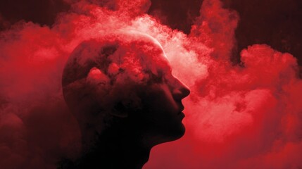 A man's head is depicted within dark red clouds, merging human features with vibrant hues, creating a surreal and thought-provoking atmosphere filled with emotion. Mental health's day concept
