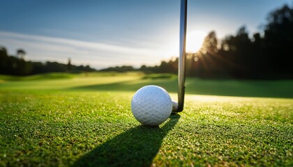 Obraz premium close up of a golf ball on a putting green with the pin and green in the background