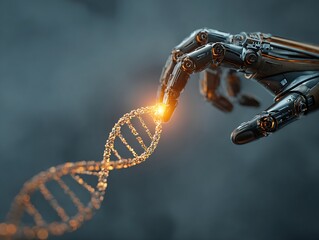 A robotic hand delicately interacting with a luminous DNA strand in the laboratory