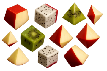 Creative Photograph of Apple, Kiwi, and Dragon fruit Slices Cut into Geometric Cubes and Pyramids on Transparent Background
