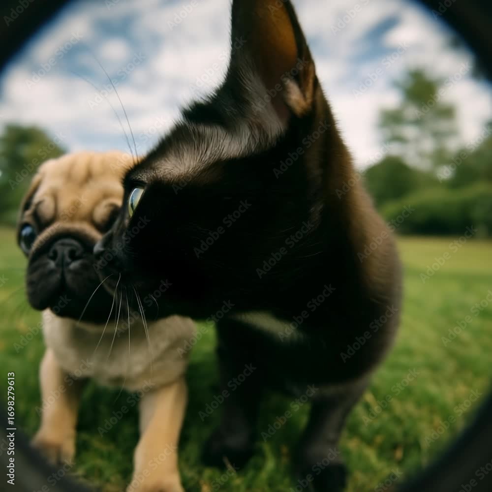 Poster a playful fisheye lens captures a curious cat and pug up close, creating a humorous, distorted effec
