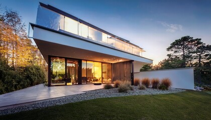 Obraz premium modern house with beautiful landscape and outdoor lighting