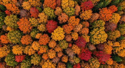 Colorful autumn forest canopy with red orange and yellow trees viewed from above as a natural pattern