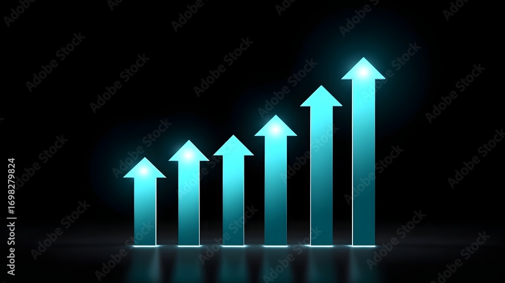 Poster an abstract image depicting a rising graph or chart made up of glowing, upward-pointing arrows, symb