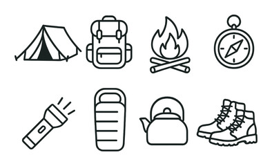 Fototapeta premium Camping essentials icons: tent, backpack, campfire, compass, flashlight, sleeping bag, kettle, boots