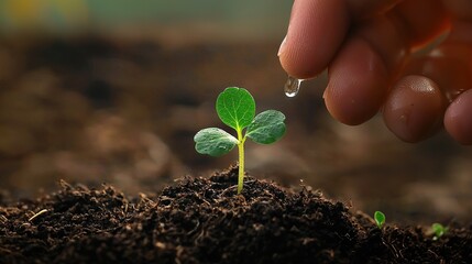 Close-up of hand watering young sprout in soil for World Environment Day banner concept, with soft blurred natural background, symbolizing growth, care, and sustainability
