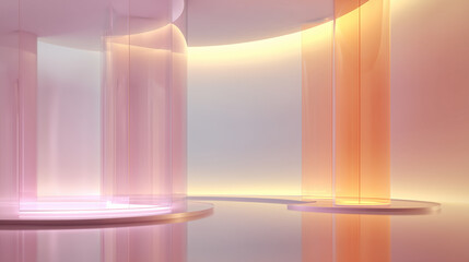 Soft pastel glass panels form a luminous curved interior scene with warm gradient lighting, glossy reflections, and minimal modern architecture creating a serene, elegant atmosphere.