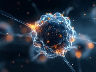 Detailed visualization of a neuron with glowing points representing neural activity
