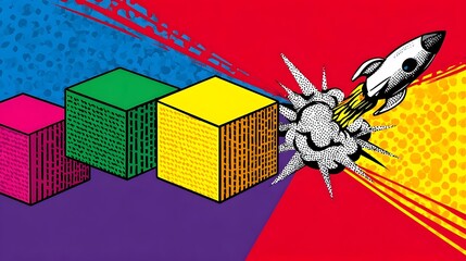 A vibrant, futuristic illust n depicting the launch of a rocket through a composition of geometric, multi-colored cubes, symbolizing innovation, growth, and the realization of ambitious visions.