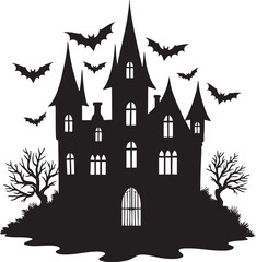 Haunted castle with bats and bare trees silhouette Keywords: Halloween, haunted house, castle