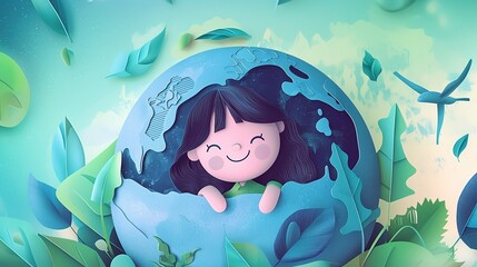 Cartoon girl hugging Earth with paper plane on World Environment Day banner, in doodle-style flat design with pastel colors, simple background, joyful and friendly mood