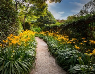 a lush garden path lined with vibrant yellow flowers and greenery