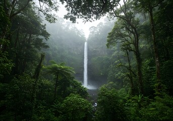 Hyper Detailed Photorealistic Rainforest Canopy Island with Morning Mist and Waterfall