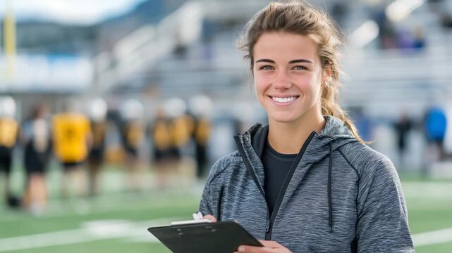 A determined female coach, clad in athletic gear, stands confidently on a sunlit football field with a clipboard, ready to lead her team.
