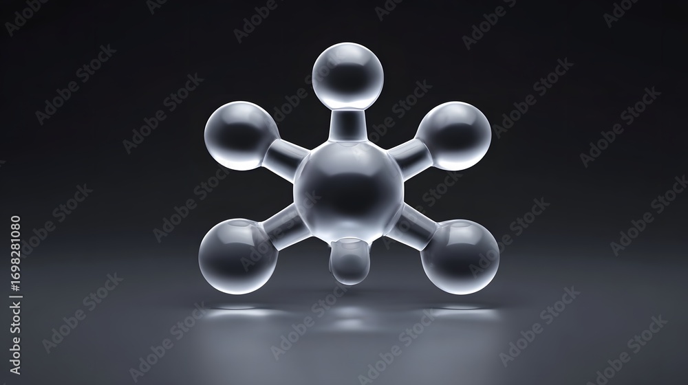 Poster 3d rendering of a complex molecular structure with transparent glass-like spheres and rods, represen
