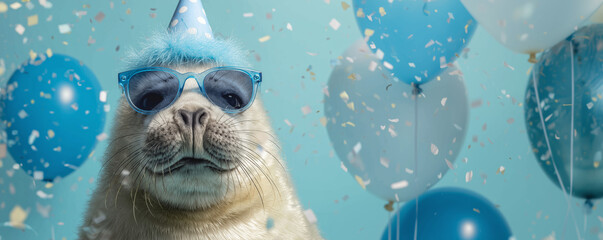 Funny cute baby seal wearing sunglasses with happy birthday balloons and confetti explosion flying around greeting card on blue background with copy space.