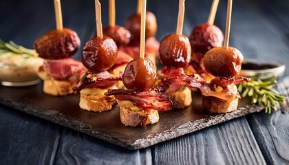 close up shot of bacon and date finger foods on skewers