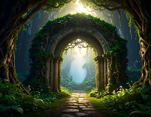 Obraz premium Ancient archway leading into a lush forest. Sunlight streams through the opening