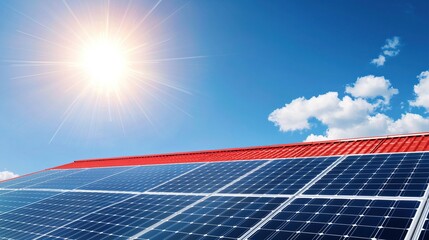 Red roof with solar panels under bright sun, symbolizing clean energy and sustainable living, web banner format with copy space on the right for eco-friendly energy concepts
