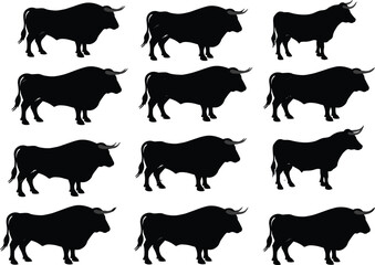 Bull silhouette collection, black bull icons, side view animals, livestock graphics, strong bull figures, horned cattle images, farm animal set