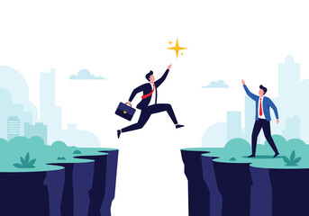 Obraz premium Businessmen leaping across a chasm to achieve a golden star representing success and ambition overcoming challenges