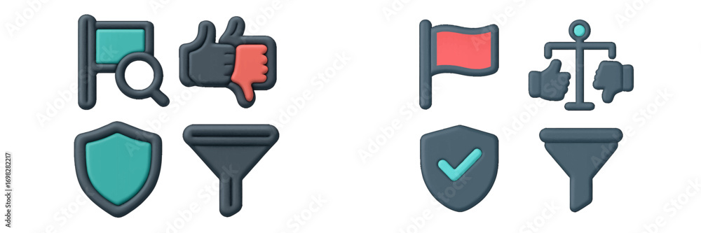 Aufkleber 3d icon set for ui and ux design with symbols for feedback, moderation, security, and data filtering
