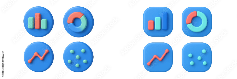Poster 3d data analytics icon set with bar chart, pie chart, line graph, and scatter plot for business and 