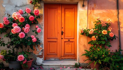 Vibrant orange door framed by pink roses