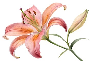 Naklejka premium Peach Colored Lily Flower with Bud and Green Stem on White Background Keywords: lily, flower, peach