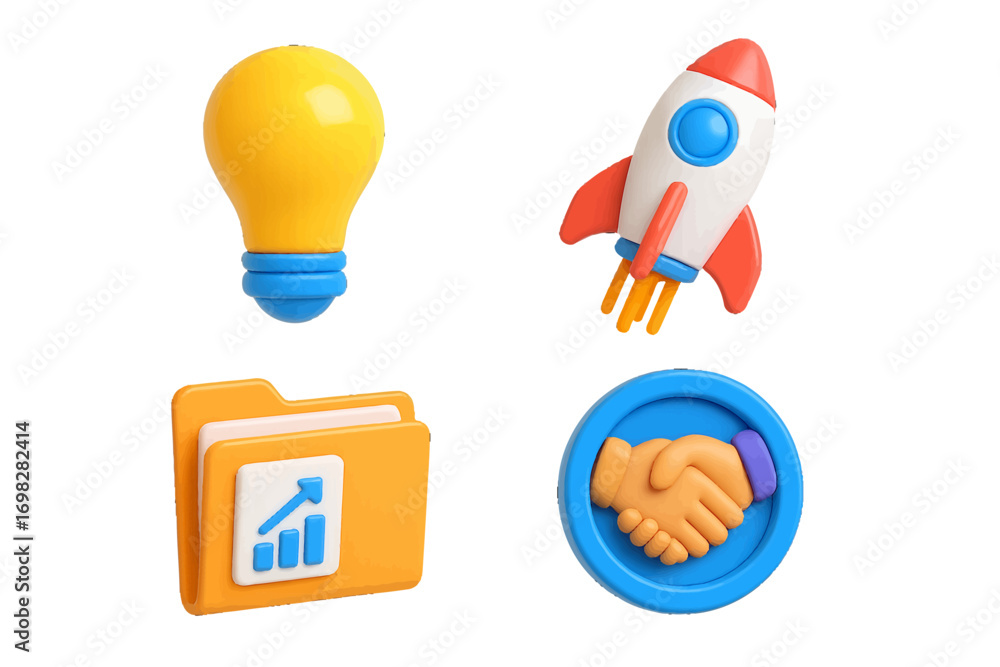 Poster set of 3d business icons for startup and development including lightbulb for idea, rocket for launch